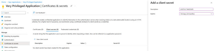 Addition of a client secret to the application object in the Entra admin center.
