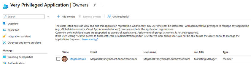 Application object ownership in the Entra admin portal