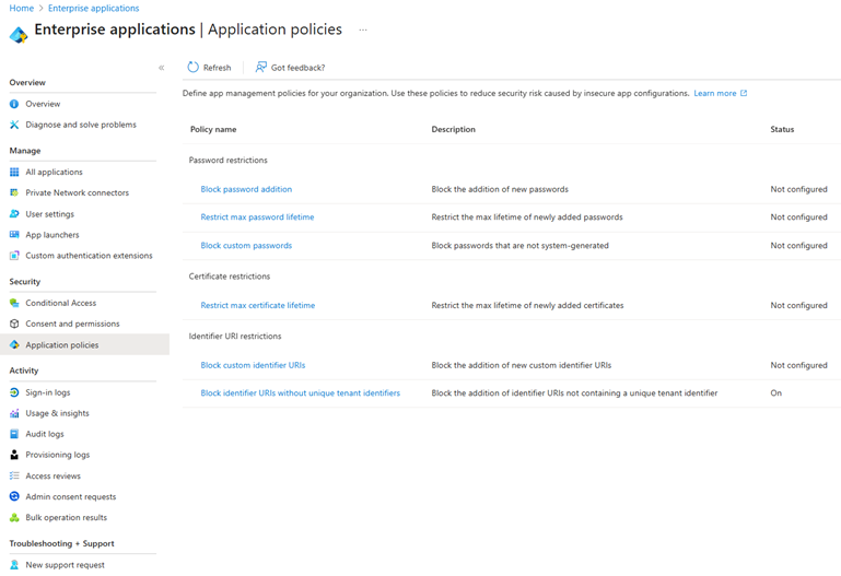 Application policies in the Entra admin center
