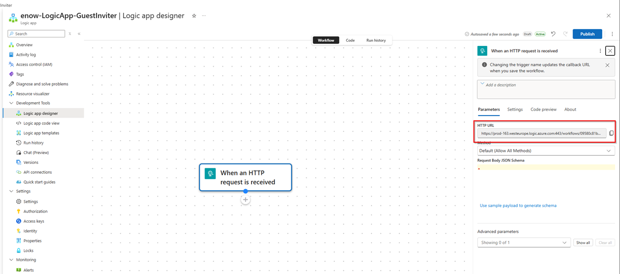 Finding the HTTP trigger URL of the logic app
