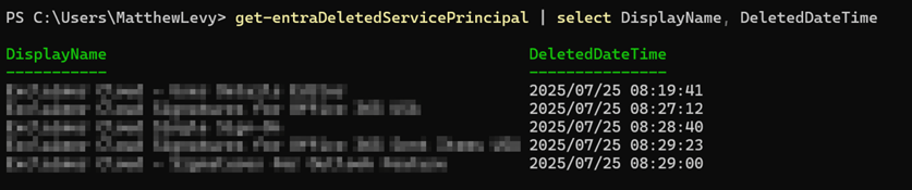 PowerShell view of deleted service principals in Entra ID