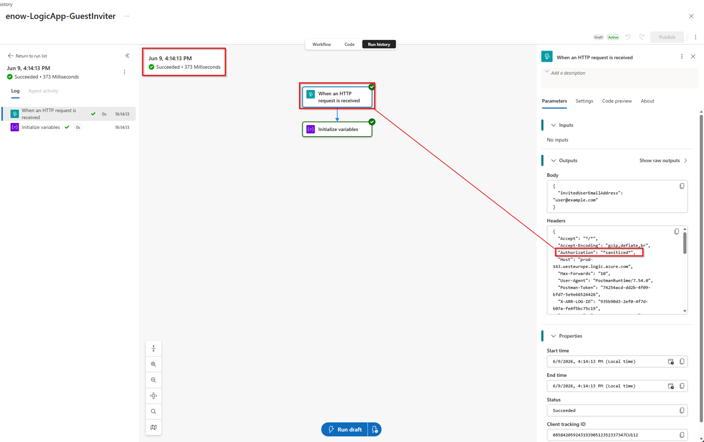Successful trigger of your logic app with authentication